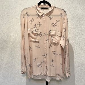 Zara  Blush Bird Print Long Sleeve Button Up Blouse